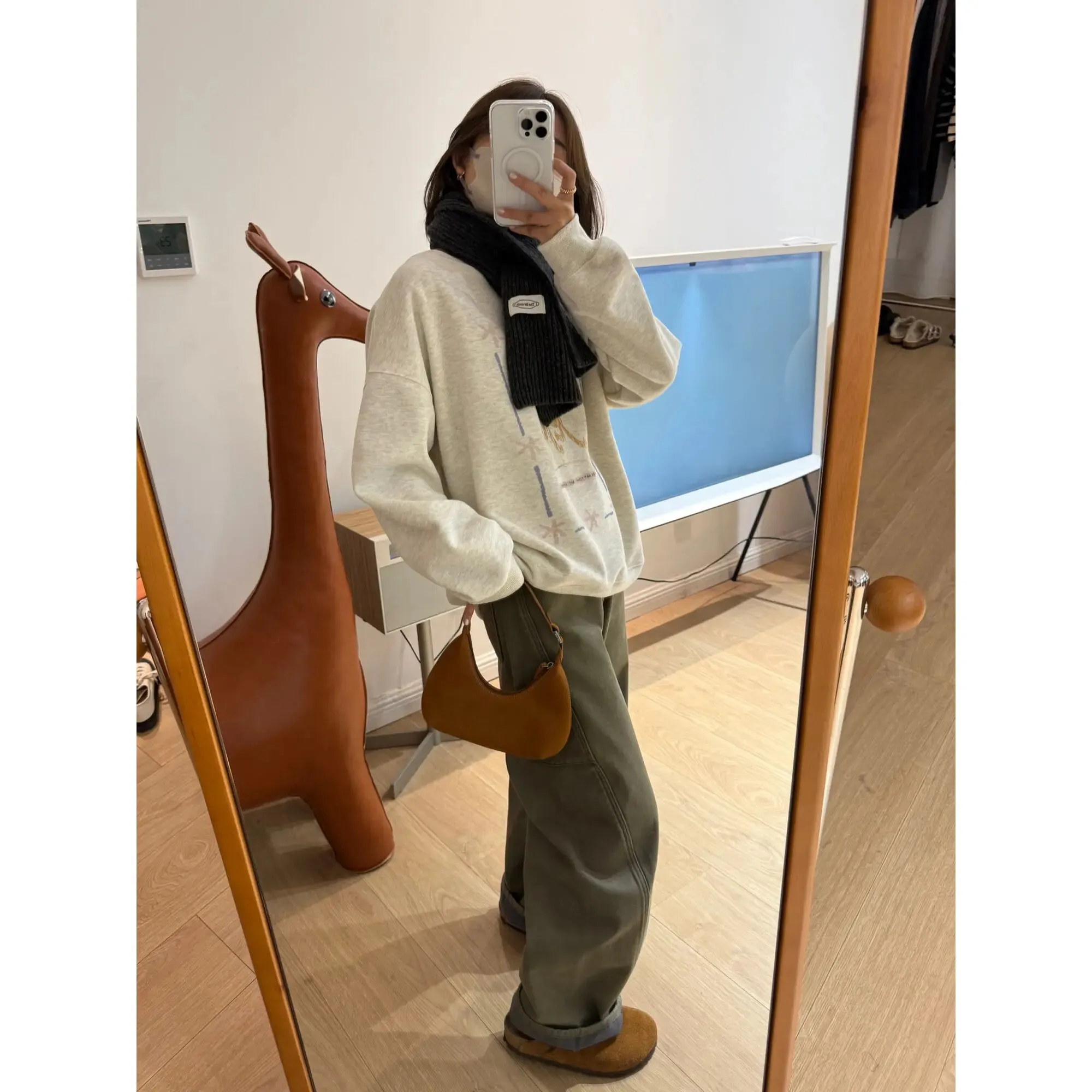 Amozae-Autumn Casual Outfits Amozae-Cartoon Graffiti Dog Fleece Lined Sweatshirt for Women, Warm Printed Hoodie, Casual Loose Pullovers, 24 Winter