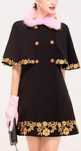 Embroidered Short Cape-Coat with Fur Collar
