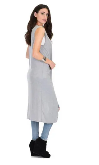 Long-line Black Cardigan Vest With Pockets