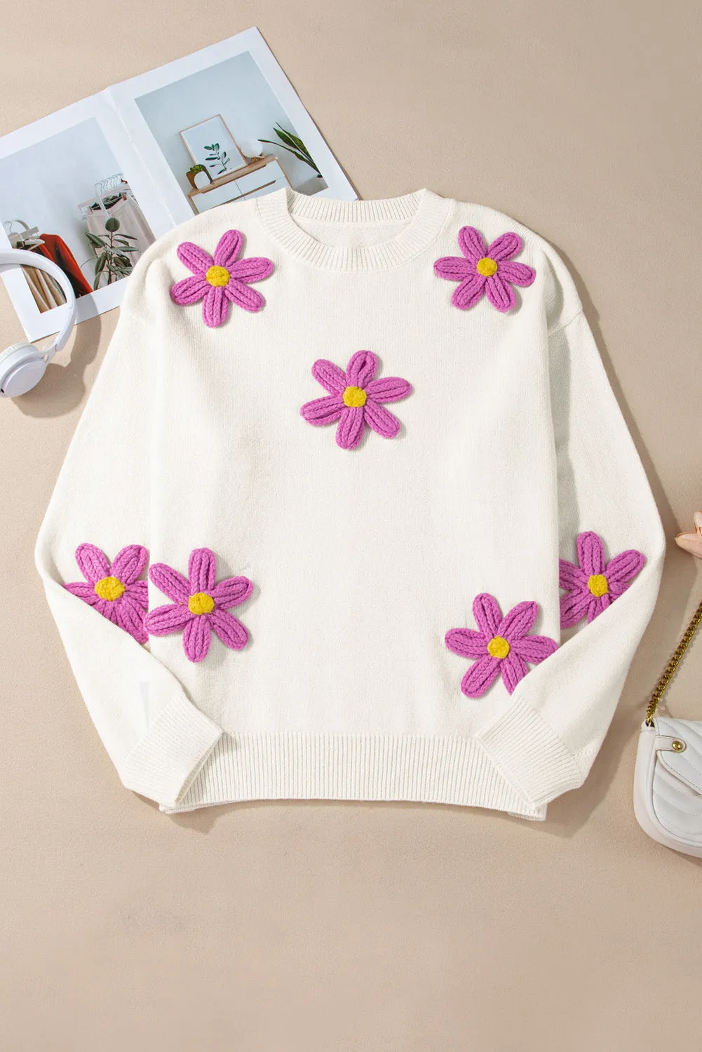 Plus Size Flower Crochet Knit Sweater