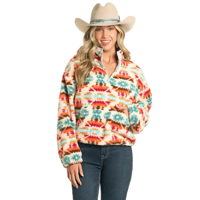 Rock & Roll Denim Ladies Aztec Print Teal Quarter Zip Sherpa BW91C04476-81